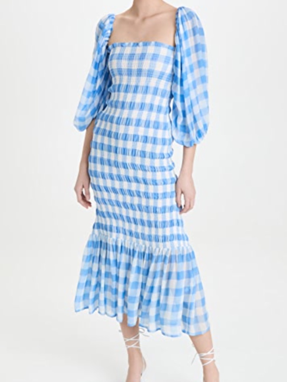 Sundress Pepita Gingham Smocked Blue Dress M/L Cottagecore Midi Ruffle Hem